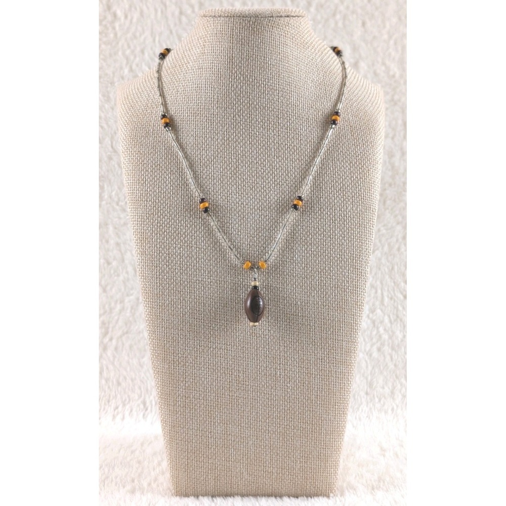 Handmade Beaded Necklace Football Pendant Glass Tube & Seed Beads Brown Tan...